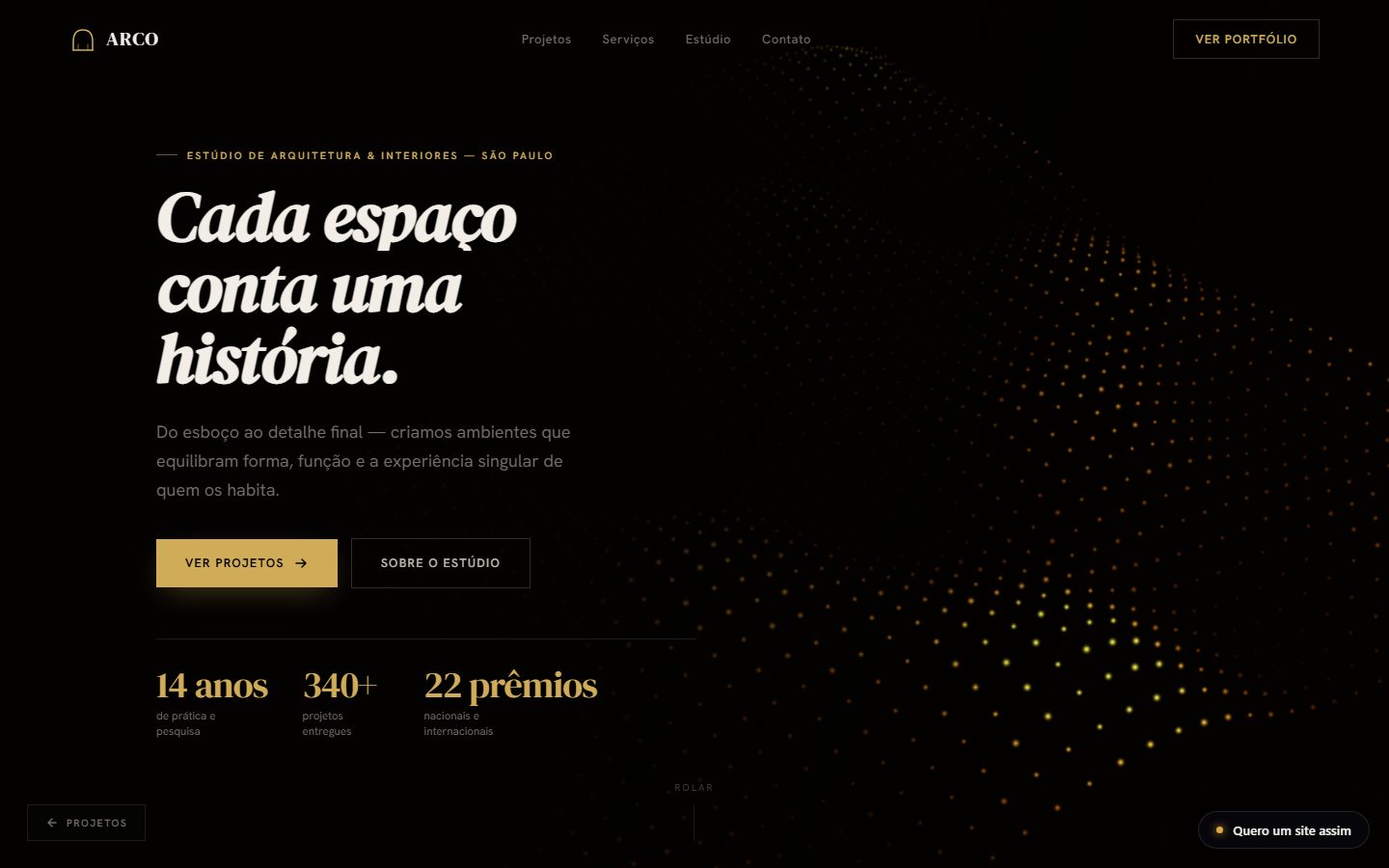 Página inicial do site ARCO, estúdio de arquitetura, com paisagem 3D generativa