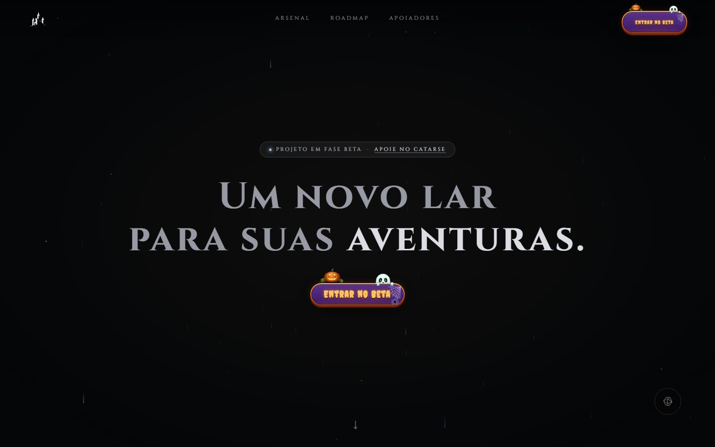 Página inicial do Dark Age, plataforma brasileira para jogar RPG de mesa online, com o título Um novo lar para suas aventuras